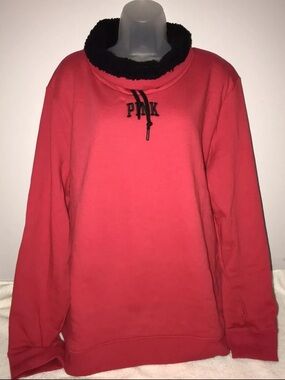 Victoria Secret Pink Sherpa Lined Cowl Neck Pullover Red XL New